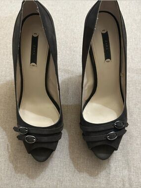 Zara brown Peep-Toe Platform Heels with Buckle Detail